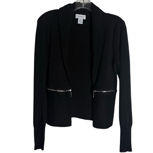 CARMEN MARC VALVO Open Front Cardigan with Zipper Details in Black Size MEDIUM - Picture 2 of 7